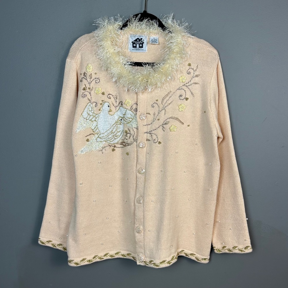 Vintage Birds Cottage 3D Flower Cardigan‎ Storybook Knits 1X Pink Whimsical Boa